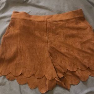 suede shorts | scalloped hem | camel brown color